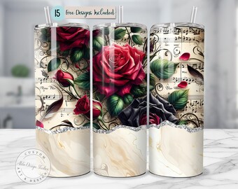 Può includere: Tre bicchieri in acciaio inossidabile con disegni floreali e di note musicali. Ogni bicchiere presenta una grande rosa rossa, foglie verdi e note musicali su sfondo crema. La sezione inferiore ha un design marmorizzato con glitter argentati.