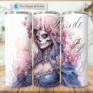 Gothic Bride Pink Pastel Flowers dia De Los Muertos Tumbler 20oz Skinny Tumbler Sublimation Design Day of the Dead Inspired PNG Tumbler Wrap