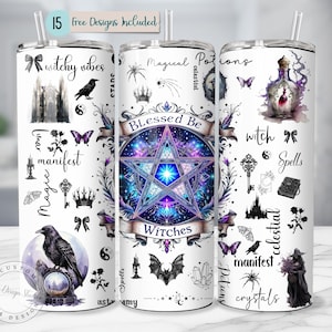 Puede incluir: Tres vasos de acero inoxidable blancos con diseños temáticos de brujas. Los diseños incluyen un pentagrama, un cuervo, mariposas y texto como "Witchy Vibes", "Blessed Be Witches" y "Magical Potions". Cada vaso tiene una pajita.