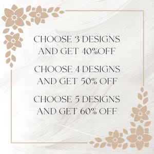 Puede incluir: Un fondo blanco con un borde floral marr&oacute;n. El texto dentro del borde dice: ELEGIR 3 DISE&Ntilde;OS Y OBTENER 40% DE DESCUENTO, ELEGIR 4 DISE&Ntilde;OS Y OBTENER 50% DE DESCUENTO, ELEGIR 5 DISE&Ntilde;OS Y OBTENER 60% DE DESCUENTO.