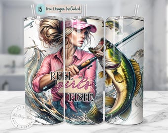 Gobelet de pêcheur Wrap Design Bass Fishing 20 oz Skinny Reel Girls Fish PNG Reel Fishing PNG Bass Fishing Outdoor PNG Badass Girls poisson rose