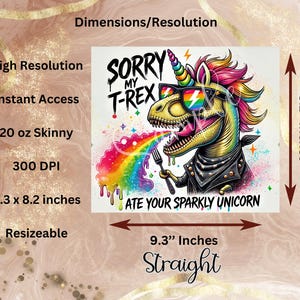 Envoltura de vaso con unicornio T-Rex divertido PNG, diseño de sublimación arcoíris punk PNG, envoltura de vaso de 20 oz, diseño de vaso sarcástico, unicornio divertido PNG imagen 5