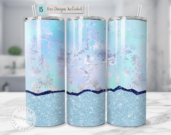 Iridescent Ice Blue Glitter Tumbler Wrap Design Frozen Winter Sparkle Silver Foil Floral PNG 20oz Sublimation Background Shimmer Snowy