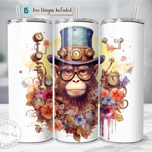 Steampunk Monkey Tumbler Whimsical Animal Design Gears Glasses 20oz Skinny Tumbler Sublimation Vintage Clockwork PNG Floral Animal Themed