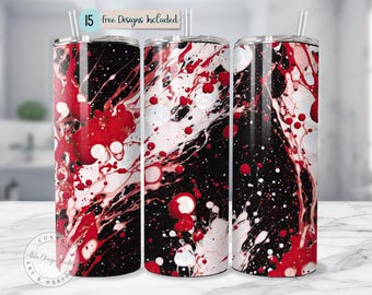 Può includere: Tre bicchieri in acciaio inossidabile con un design astratto in bianco e nero con schizzi di vernice rossa. I bicchieri sono da 20 oz e hanno un design a doppia parete isolato. 15 design gratuiti inclusi.