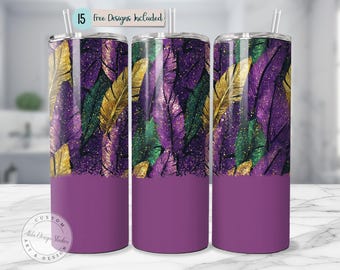 Mardi Gras Tumbler Wrap Design Purple Gold Green Mardi Gras Pattern Glitter Feathers 20oz Skinny Sublimation Design Carnival Tumbler