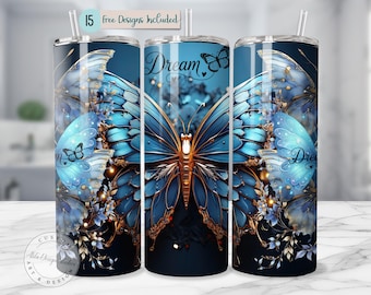 Diseño de sublimación para vaso de mariposa 3D, vaso delgado de 20 oz, diseño 3D, envoltura artística para vaso, diseño digital minimalista.
