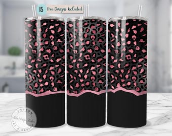 Pink Leopard Tumbler Wrap PNG Glam Cheetah Print Black Pink Glitter Edge 20oz Skinny Sublimation Skin Digital Download Design Trendy Design