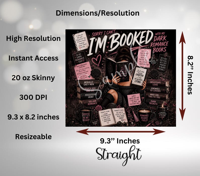 Pu&ograve; includere: Un design grafico digitale per un bicchiere skinny da 591 ml che misura 23,6 per 20,8 cm. L'illustrazione mostra una persona che legge un libro circondata da temi di dark romance, tazze di caff&egrave; e note con il testo I'M BOOKED WITH MY DARK ROMANCE BOOKS.