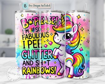 Diseño PNG de envoltura para vaso con unicornio atrevido Diseño de envoltura para vaso arcoíris colorido Diseño de sublimación para vaso delgado de 20 oz Diseño divertido de sublimación con purpurina