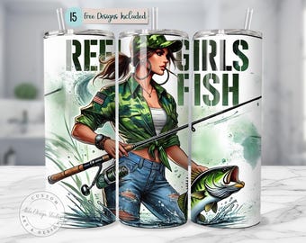 Fishing Tumbler Wrap Design PNG Design 20oz Skinny Lake Tumbler Wrap Girls Fishing Png Sublimation Skin Going Fishing Sassy Fishing Girl