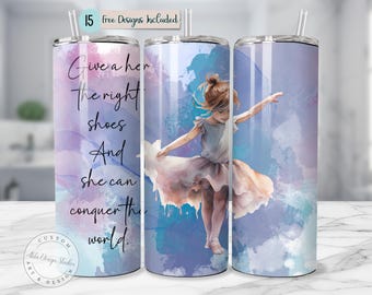 Bicchiere da ballo, bicchiere da balletto, design ragazza danzante, rosa avvolgente, bicchiere sottile da 20 once, design a sublimazione, bicchiere PNG per bambina, design acquerello
