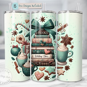May include: A set of three insulated tumblers with a winter holiday theme. The design features stacks of books, mugs of hot cocoa, gingerbread cookies, and a large bow. The text "BOOKS HOT COCOA Holiday Cheer" is visible.