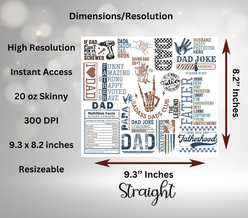 K&ouml;nnte beinhalten: Ein digitales Design mit Texten und Grafiken zum Vatertag. Es enth&auml;lt S&auml;tze wie "Dad Joke", "Badass Dads Club" und "Father" sowie eine N&auml;hrwerttabelle. Das Design misst 23,6 x 20,8 cm.