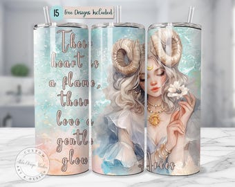 Zodiac Sign Aries Dreamy PNG Watercolor Ram PNG 20oz Skinny Tumbler Wrap Design Celestial Zodiac png Soft Pastel Aries Sign Astrology png