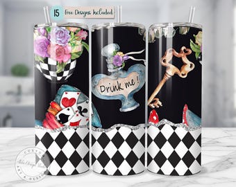 Alice inspiriert Tumbler Wrap PNG Drink Me Wunderland inspiriert Gothic Tea Party Diamant-Muster Harlekin-Muster 20 Unzen Skinny Sublimation