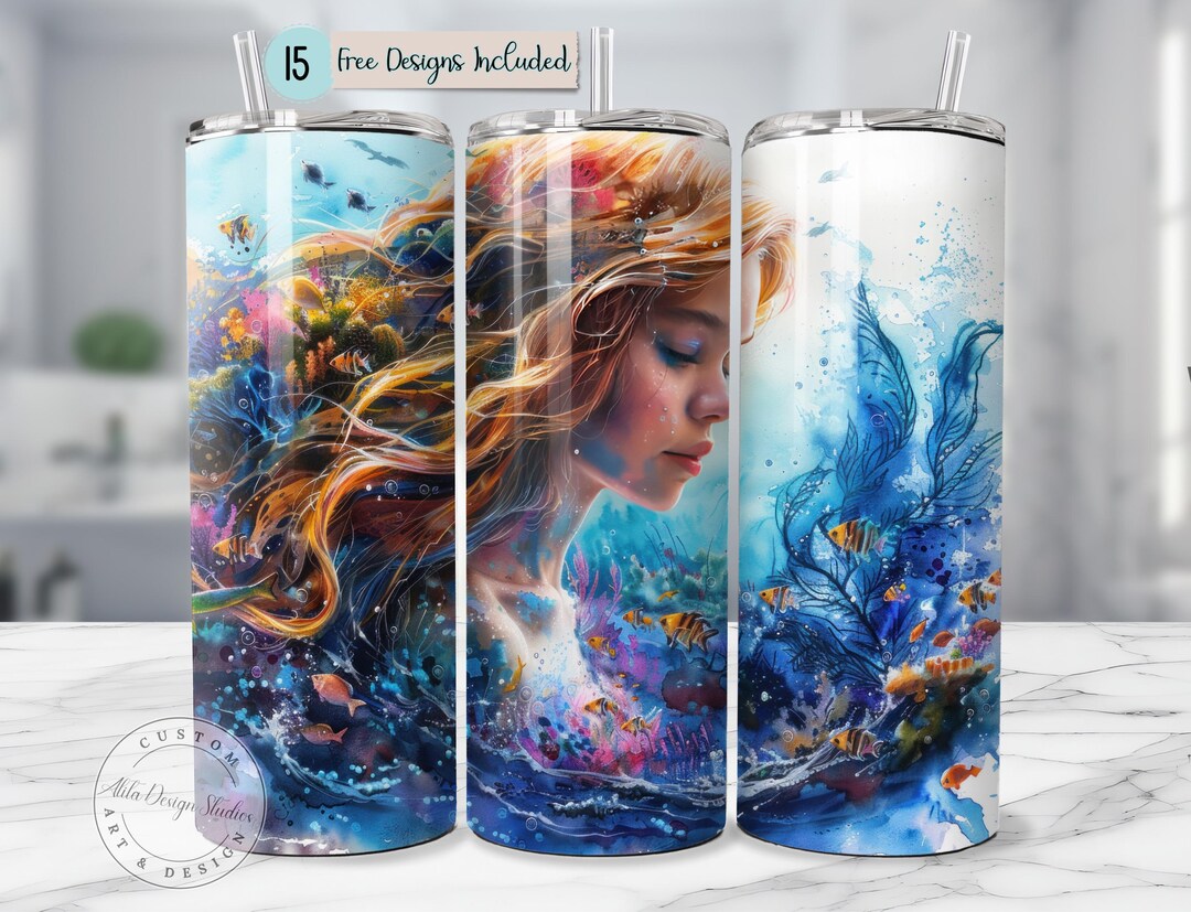 Mermaid Tumbler Wrap Design Under the Sea Watercolor Mermaid 20oz ...