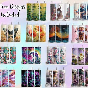 May include: A collection of 15 stainless steel tumblers with various designs. Designs include butterflies, flowers, abstract art, animals, and skulls. Each tumbler has a silver lid and straw. The text "15 Free Designs Included" is at the top left.