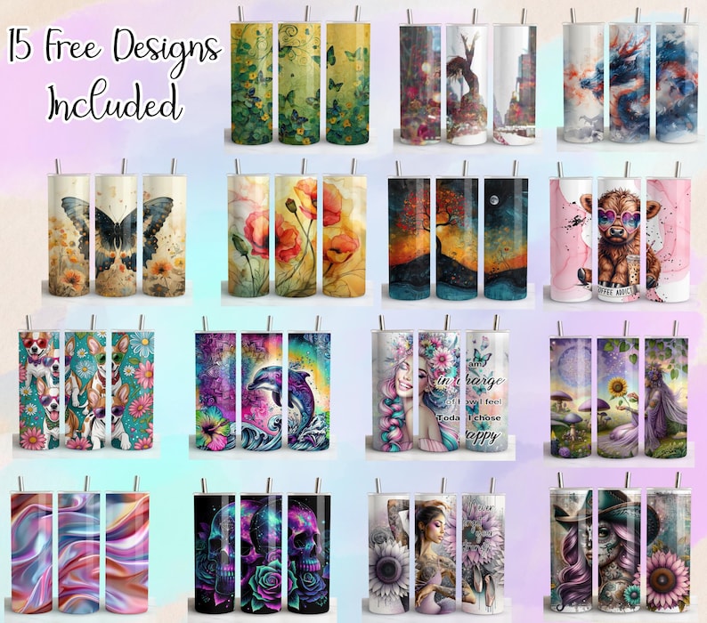 May include: A collection of 15 stainless steel tumblers with various designs. Designs include butterflies, flowers, abstract art, animals, and skulls. Each tumbler has a silver lid and straw. The text "15 Free Designs Included" is at the top left.