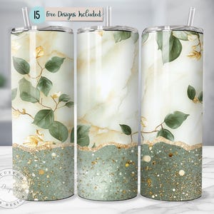 May include: Three tall, insulated tumblers with lids and straws. The tumblers feature a marble-like design with green and gold floral accents. The bottom section has a green glitter design. The text "15 free designs included" is at the top.