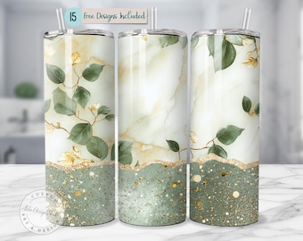 Salbei-grüner Marmor Tumbler Wrap PNG Minimalistisches Blattgold Botanisches Design mit Glitter Rand Luxus 20 Unzen Skinny Sublimation Wrap Design
