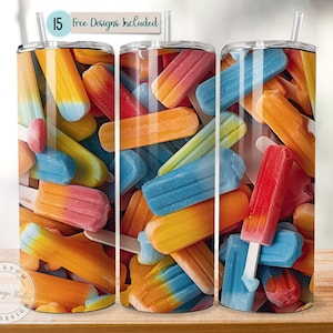 May include: A close-up of three stainless steel tumblers featuring a colourful design of popsicles. The tumblers are on a wooden surface. 15 free designs included.