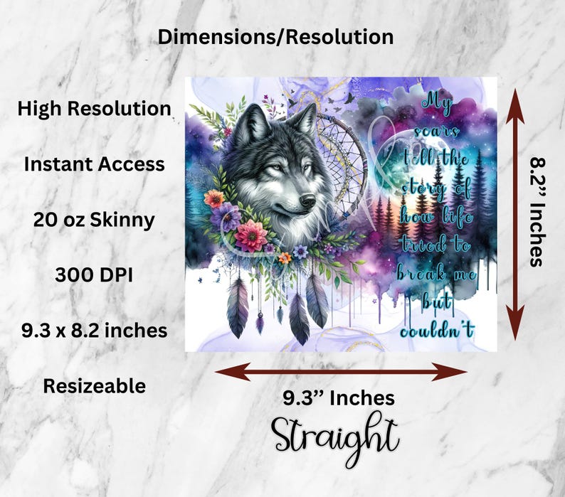Envoltura para vaso de amor propio, diseño de lobo, atrapasueños, vaso delgado de 20 oz, frase motivacional positiva de lobo gris, sublimación imagen 5