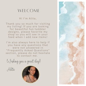 Puede incluir: &iexcl;Bienvenido a la tienda! Una mujer sonr&iacute;e y da la bienvenida a los clientes a su tienda, que vende vasos personalizados. El texto "Welcome" est&aacute; en la parte superior de la imagen, y el texto "Hi I'm Alita" est&aacute; debajo. El texto "Wishing you a great day!!" est&aacute; en la parte inferior de la imagen.
