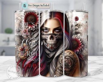 Skull and Flower Sublimation Wrap 20oz Skinny Tumbler Wrap Design Flame Tumbler Design -  Gothic Tattoo-Inspired Art Sublimation Skin PNG