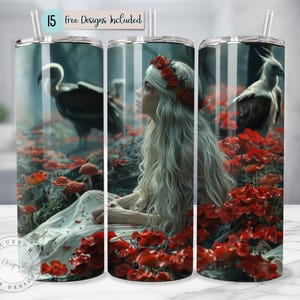 Seamless Fantasy Art Woodland Princess Tumbler Dark Fairytale Enchanted Forest Gothic Red Flowers 20oz Skinny Tumbler Sublimation Design PNG