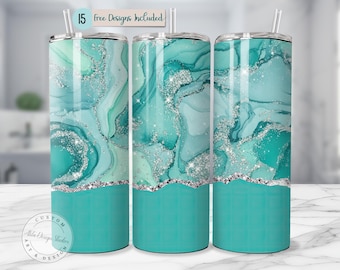 Teal Glitter Marble Tumbler Wrap Aqua Diamant Grenze 20 Unzen Skinny Sublimation PNG Aqua Marmor Glitzer Wrap Teal Sparkle Diamant Rand PNG