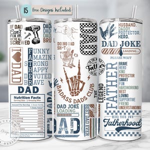 K&ouml;nnte beinhalten: Drei wei&szlig;e isolierte Becher mit verschiedenen Designs und Texten, darunter "DAD" und "Fatherhood". Einer zeigt ein N&auml;hrwertetikett, ein anderer eine Skeletthand und der dritte eine Liste positiver Eigenschaften.