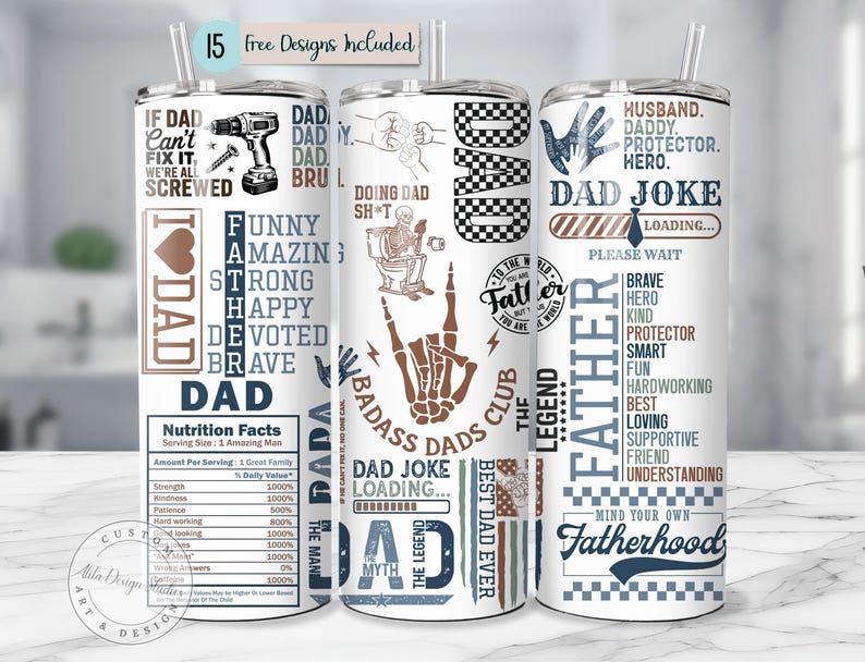 K&ouml;nnte beinhalten: Drei wei&szlig;e isolierte Becher mit verschiedenen Designs und Texten, darunter "DAD" und "Fatherhood". Einer zeigt ein N&auml;hrwertetikett, ein anderer eine Skeletthand und der dritte eine Liste positiver Eigenschaften.