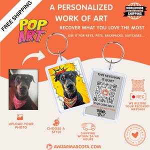 Personalisierter Pop-Art-Schlüsselanhänger für Haustiere mit QR-Code | Verlorene Gegenstände wiederherstellen | Mit Ihrer Nachricht und Ihrem Lieblingsfoto graviert