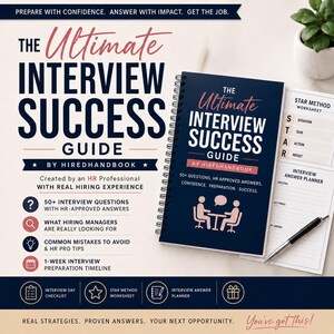May include: A spiral-bound book titled The Ultimate Interview Success Guide by HiredHandbook with a dark blue cover, pink text, and a graphic of two people at a table. Includes a Star Method worksheet, an interview answer planner, and a black pen.