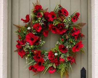 Ghirlanda di papaveri, ghirlanda commemorativa, ghirlanda autunnale per la porta d'ingresso, ghirlanda di papaveri rossi di novembre, ghirlanda natalizia, ghirlanda commemorativa