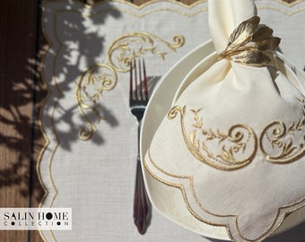 Gold Trim Napkin and Placemat With Double Embellished, Minimal Embroidered Table Ware,Mother’s Day 42x42CM and 50x38CM