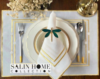 Gold Trim Napkin and Placemat With Double Embellished for Christmas Table Decor, Minimal Embroidered Table Ware, 42x42CM and 50x38CM