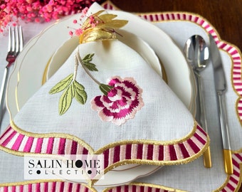 Serviette et set de table à fleurs roses avec double embellissement pour décoration de table familiale, articles de table brodés élégants, 42x42CM et 50x38CM