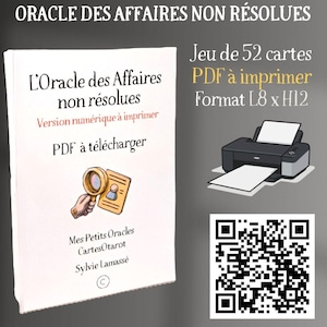 May include: A white book titled "L'Oracle des Affaires non résolues" with red text, alongside a graphic of a printer and a QR code. The book cover features a magnifying glass over a document. The text "PDF to download" is also visible.