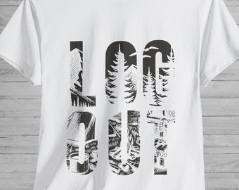 以下が含まれることがあります： キャンプをテーマにした黒いグラフィックデザインが施された白いTシャツ。グラフィックには、木々、山、キャンプ用品が含まれています。Tシャツには「LOG OUT」と書いてあります。