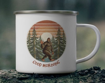 Bigfoot Good Morning Print Enamel Camping Mug, 12oz