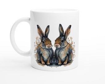 Watercolor Bunny Couple Ceramic Mug, 11oz