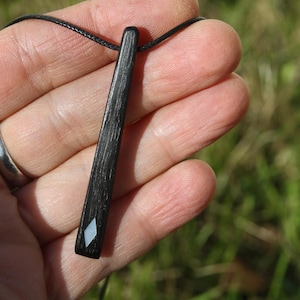 Bog Oak Pendant With a Mother Of Pearl Inlay, Long Irish Bog Oak Wood Necklace, Unique Black Bog Oak Jewelry Gift From Ireland