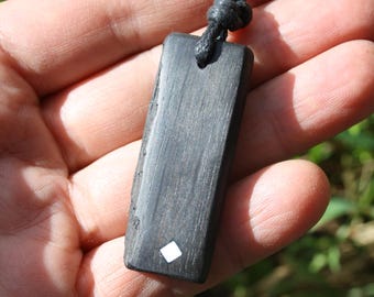 Ancient Bog Oak Pendant With Mother of Pearl Inlay, Irish Wood Ancestry Necklace
