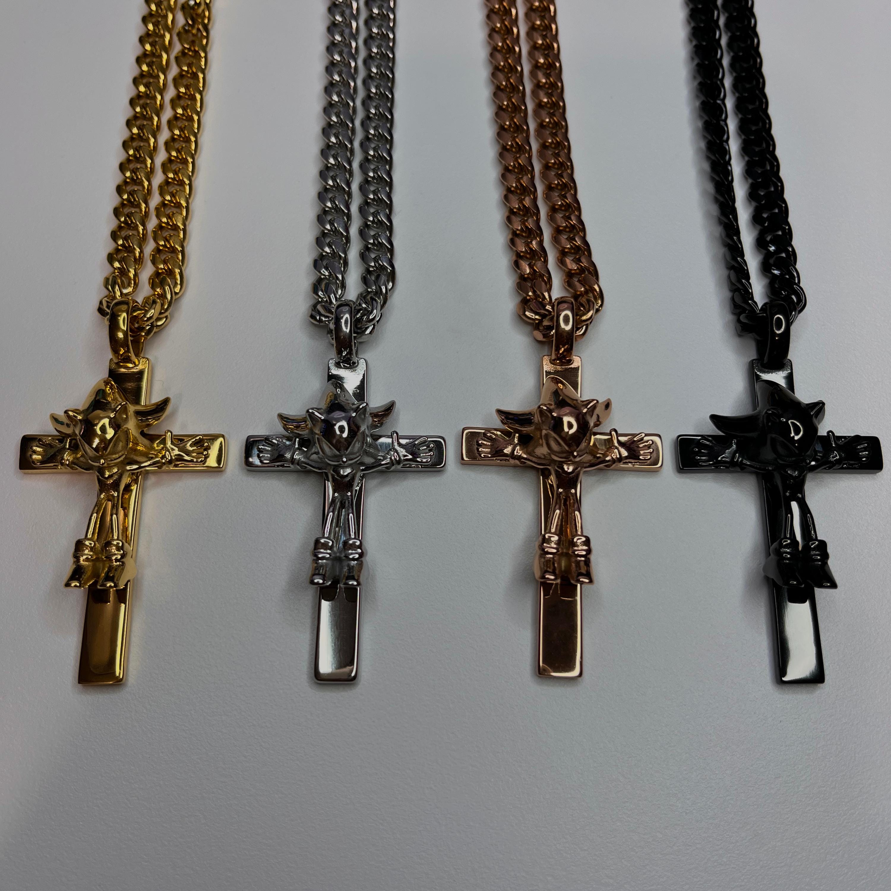Collar genérico de crucifijo de erizo vanguardista de acero inoxidable, cadena de 6 mm (22 pulgadas) incluida