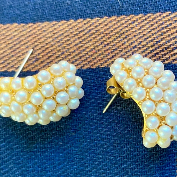 Vintage 80s Napier Signed Cluster Faux Seed Pearl and Gold Tone Pierced Stud Earrings