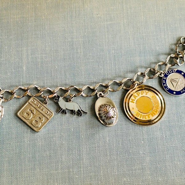 Vintage 1960s Sterling Silver Charms, Enamel Cat, Firefighter Hat, Graduation Medallion, Cape Cod, Pinecone, Charm Bracelet, Charm Necklace