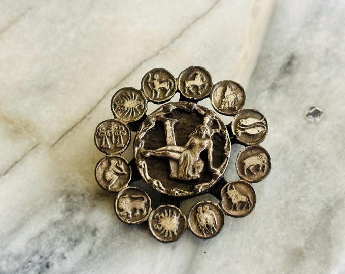 Vintage 60s Silver Tone Virgo Intaglio Pin: Midcentury Artisan Zodiac Brooch