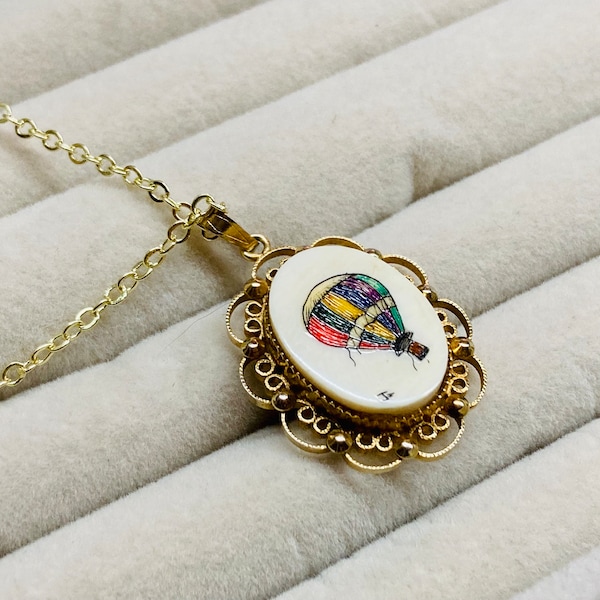 Created From Vintage: Whimsical Upcycled Scrimshaw Hot Air Balloon Pendant on Delicate Gold Plated Chain, Minimalist Artisan Necklace